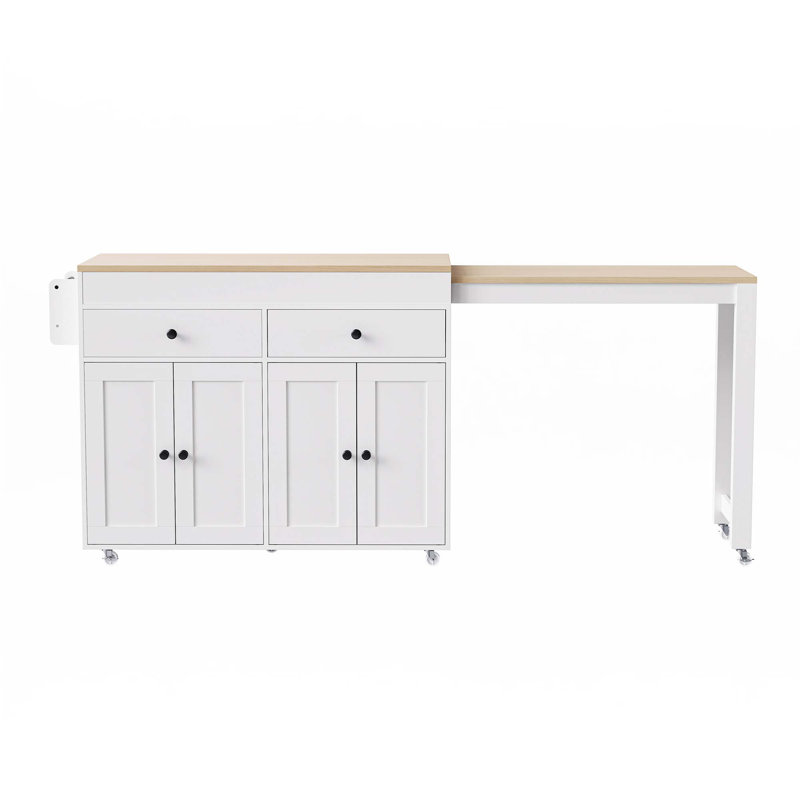Îlot de cuisine 74,5 pouces avec table de salle à manger extensible, 36.25" H x 74.5" W x 19.75" D, Blanc cassé
