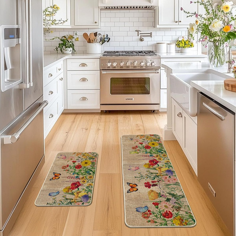 Kitchen Rugs - Multicolor, Wood Flowers & Butterfly, Spring Floor Mats, Set Of 2