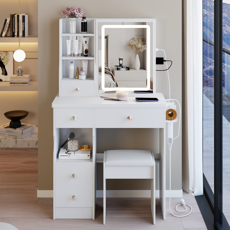 29.2" Small Size Left Drawer Desktop Vanity Table + Cushioned Stool, 2 AC+2 USB Power Station, Hair Dryer Bracket, Extra Large Touch Control Sliding LED Mirror, Tri-Color Switching, Brightness Adjust