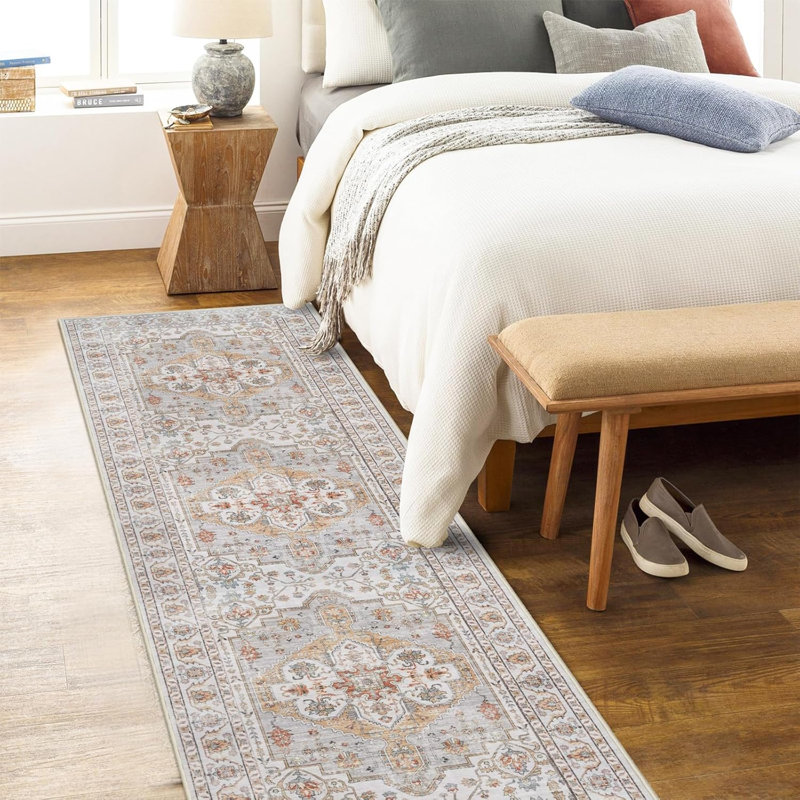 Washable Hallway Rug: Non Slip Rugs with Rubber Backing Soft Kitchen Rug Farmhouse Distressed Carpet for Living Room Bedroom Bathroom (Turmeric/Grey)