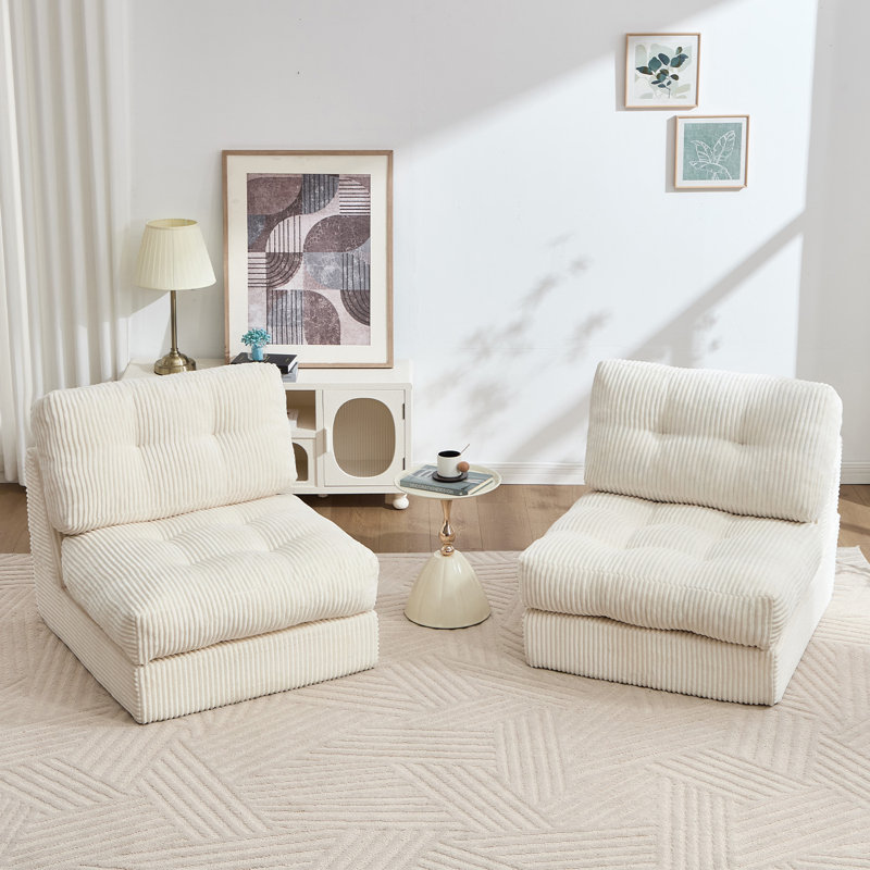 8.3" Compression Futon Mattress, Folding Sofa Bed，Modern Corduroy Upholstered Sofa - Comfortable Accent Chair,Set Of 2, White