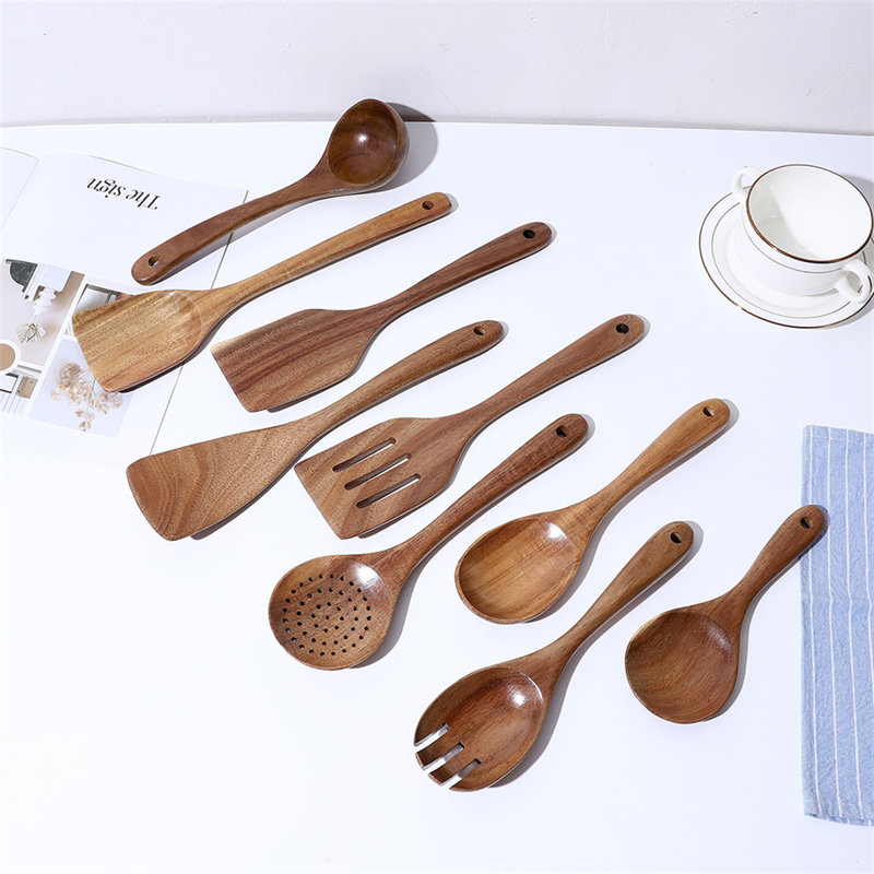 Ensemble d'ustensiles en bois 10 pièces pour la cuisine - Spatules, cuillères et pinces pour casseroles antiadhésives en bois d'acacia