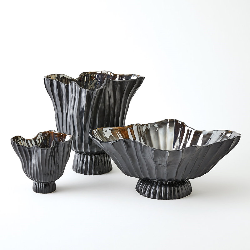 Folha Footed Vase-Black/Metallic-Sm, 7.25" H x 8" W x 6.5 D, Black