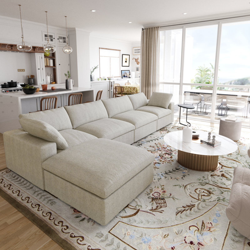 Kenda 5-Piece Upholstered Modern Linen Slipcovered Sectional Sofa With Ottoman, Khaki Linen