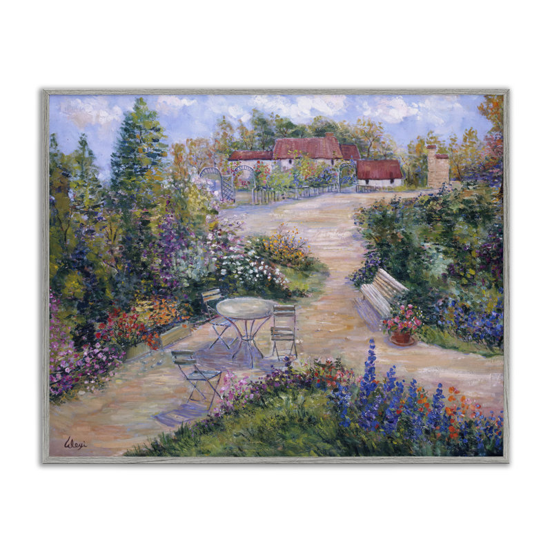 «Spring Garden Benches», art de la giclée encadrée par Alexi Fine, Estampe numérique Farmhouse, H 24 po x l 30 po