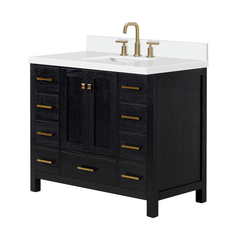 Grevera X P 22 po P x 36 po Coiffeuse en H avec comptoir en quartz blanc avec lavabo, Rectangular, Chêne noir / laiton satiné