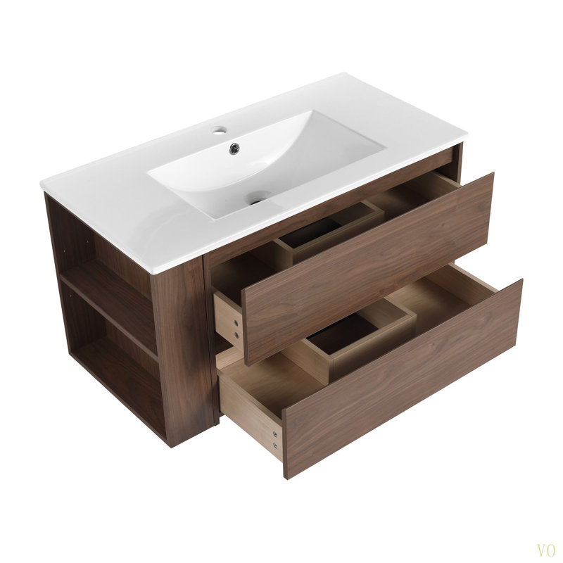 Meuble-lavabo mural 36 po avec lavabo en céramique, Chêne brun