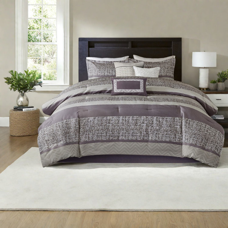 Ensemble de literie en jacquard luxueux 7 pièces, polyester mauve, décor de chambre moderne
