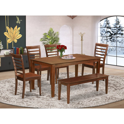 Ensemble de table de salle à manger 6 pièces moderne comprenant une table rectangulaire en bois et 4 chaises en bois avec banc, 36 x 60 pouces, acajou