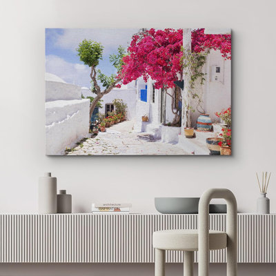 Santorini, Grèce, fleurs roses, nature sauvage sur toile