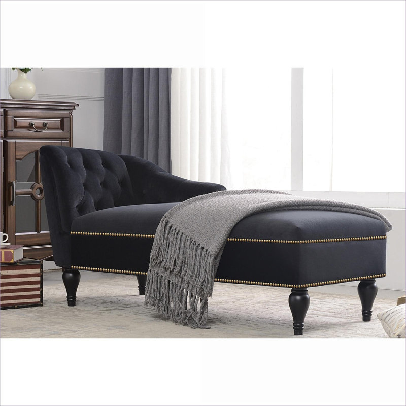 Chaise longue 58 po avec garniture cloutée capitonnée à accoudoir à droite, ton sur ton noir