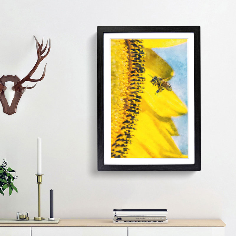 Busy Bee & Yellow Flower - Picture Frame Graphic Art Print, Black Framed, 45cm H x 33cm W x 2cm D