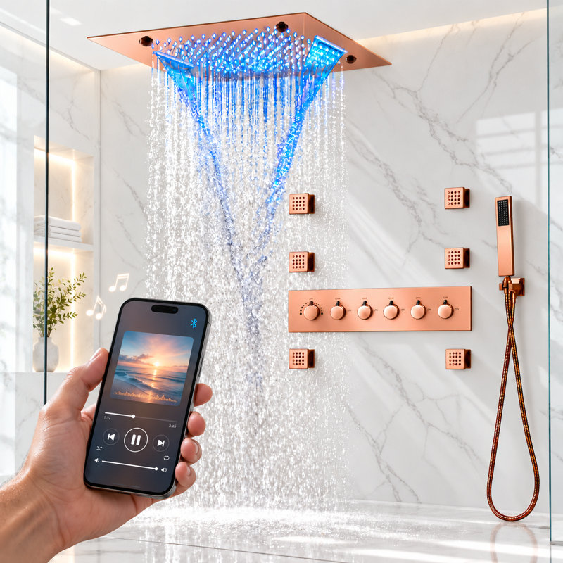 Système de douche thermostatique complet à DEL de luxe avec valve brute et inverseur, Or rose