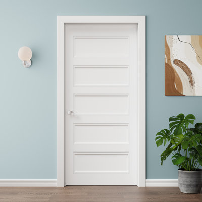 Porte pleine à 5 panneaux (36 x 80 po), blanche, apprêtée, idéale pour garde-manger, chambre, pièce ou placard.