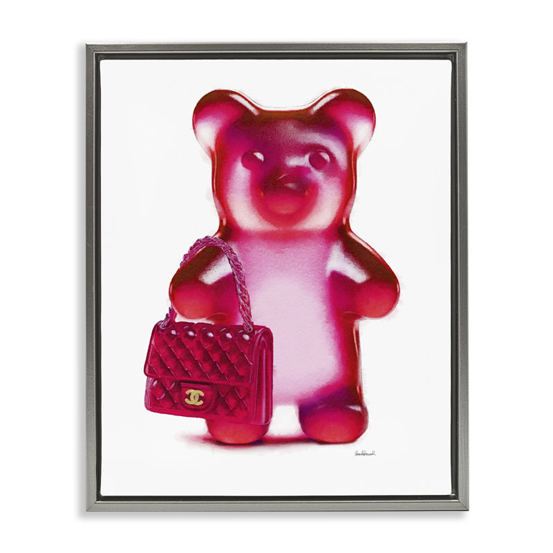 "Red Bear & Purse", art mural encadré par Amanda Greenwood, H 21 po x l 17 po, Cadre flottant gris lustré