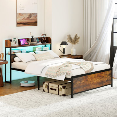 Full Bed Frame with LED Lights Power Outlets Storage Headboard Metal Slat Support