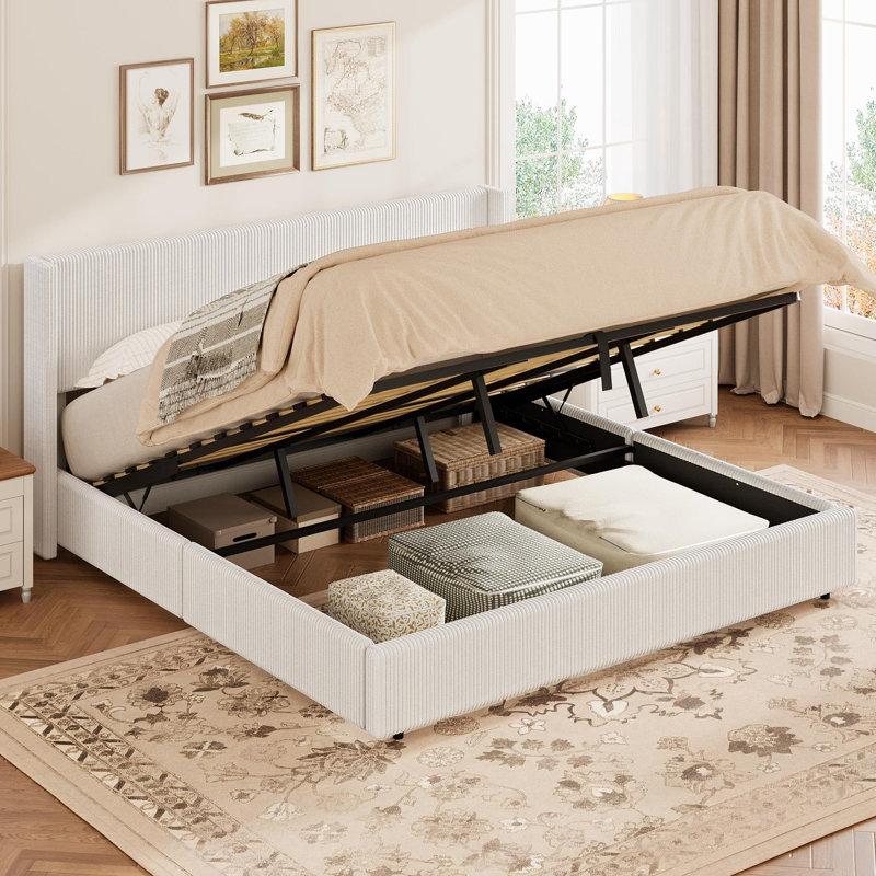 King Size Bed Frame with Lift Up Storage, Corduroy Upholstered Platform Bed with Wingback Headboard, Solid Wooden Slats, No Box Spring Needed, Hydraulic Support, White