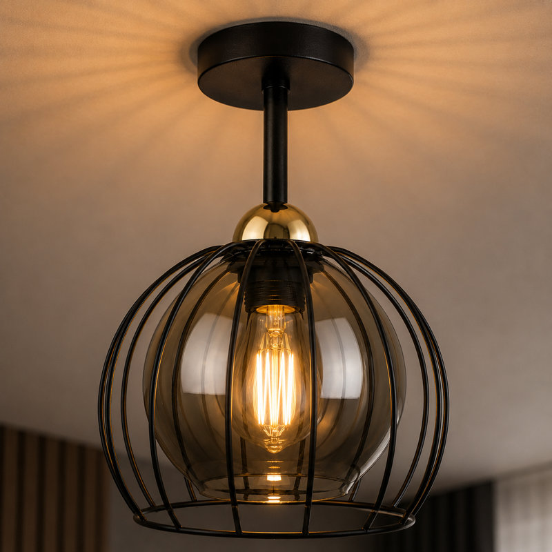 Glass Semi Flush Mount, Matt Black/Gold, 20cm W x 20cm D, 1 Light