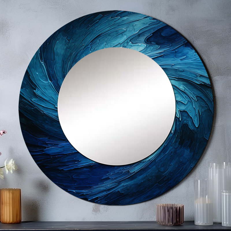 Blue Swirl Wave Spiral I - Abstract Spirals Large Mirror, Blue Decorative Wall Mirror, Printed Metal Art, 36" x 36", Round