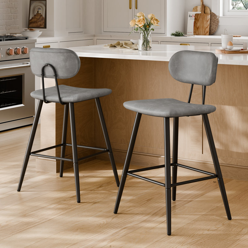 26.75" Leather Counter & Bar Stool with Large Seat and Back, Gray
