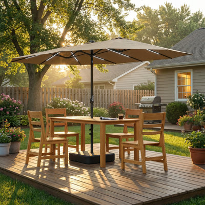 Ensemble de salle à manger 5 pièces en PEHD avec parasol de patio lumineux 15 pi | Confort toutes saisons pour le jour et la nuit