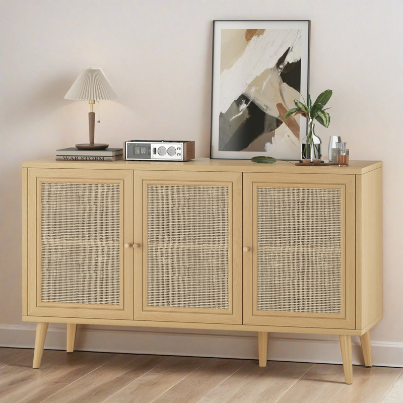 Buffet de rangement 47,2 "à 3 portes avec portes en rotin, Naturel
