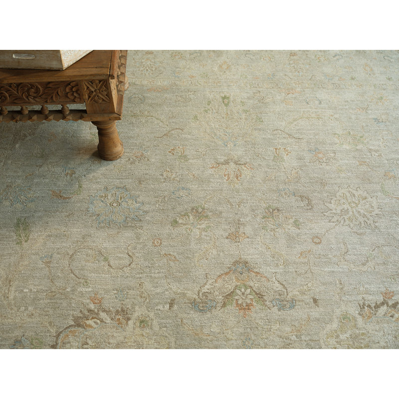 Santorini hand-knotted Wool/Silk Green Area Rug, Light Silver, Rectangle 8' x 10'