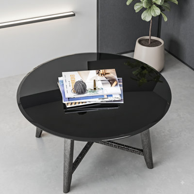 Plateau de table rond en verre trempé de 81 cm (32 pouces), bord biseauté poli de 1 cm (0,4 pouce) d'épaisseur, surface en verre noir pour salle à manger, cuisine ou bureau.