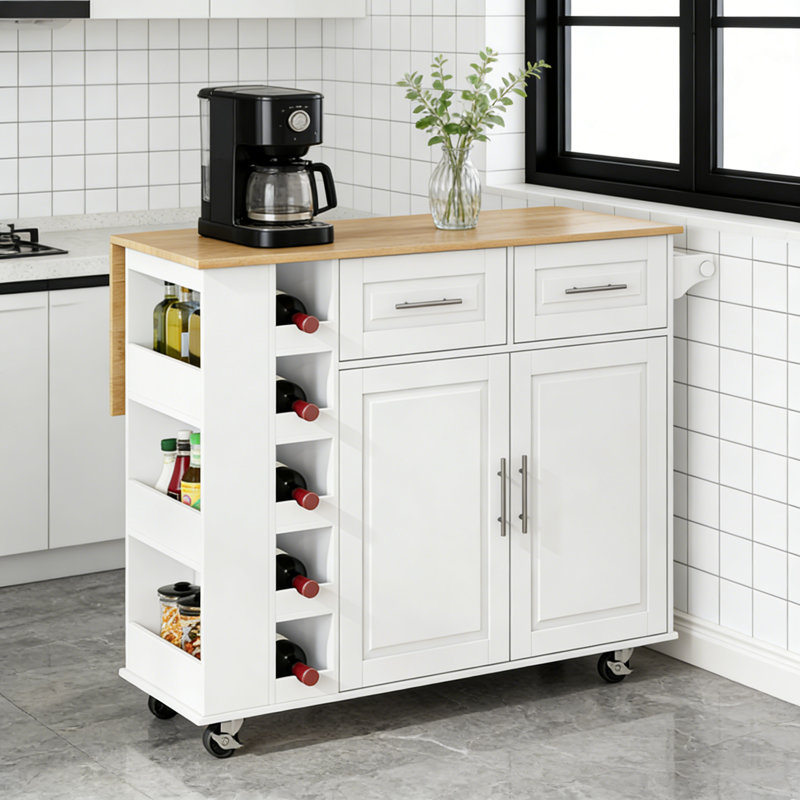 Chariot multifonctionnel pour îlot de cuisine avec armoire, tiroirs, étagère à épices, rangement pour le vin et plan de travail pliable.