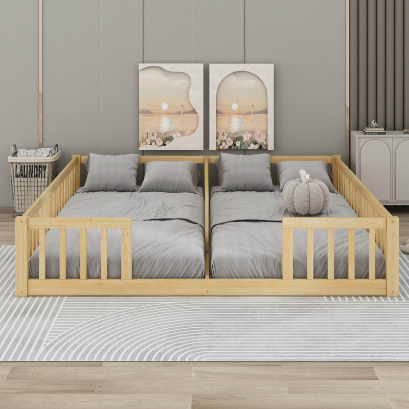 Double Twin Floor Bed With Fence And Guardrails, Natural