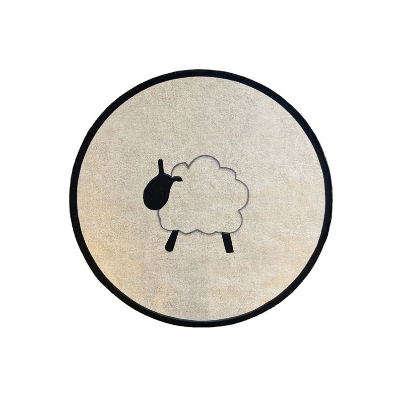 Sheep Figured Minimalist Pattern Round Black Beige Carpet, Round 3'4"
