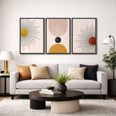 Mid Century Modern Boho "Retro Vibrant Yellow & Red Nordic Artwork, Abstract Sun Light Living Room Pictures, Framed Canvas 3 Pieces Print Wall Art"