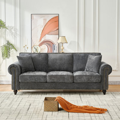 86 Inch Modern 3-Seater Sofa With Rolled Arms, Chenille Upholstered Couch With Wood Legs And Nailhead Trim For Living Room