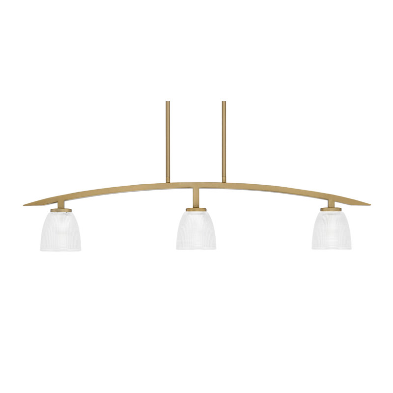 Luminaire pour îlot de cuisine 3 lumières kurve avec finition en laiton New Age et verre côtelé transparent de 5 po