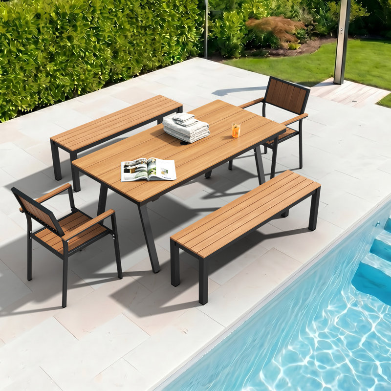 4 Pieces Aluminum Patio Dining Set With Rectangualr Dining Table, 5 Pieces: Table, 2 Chairs, 2 Benches, Teak