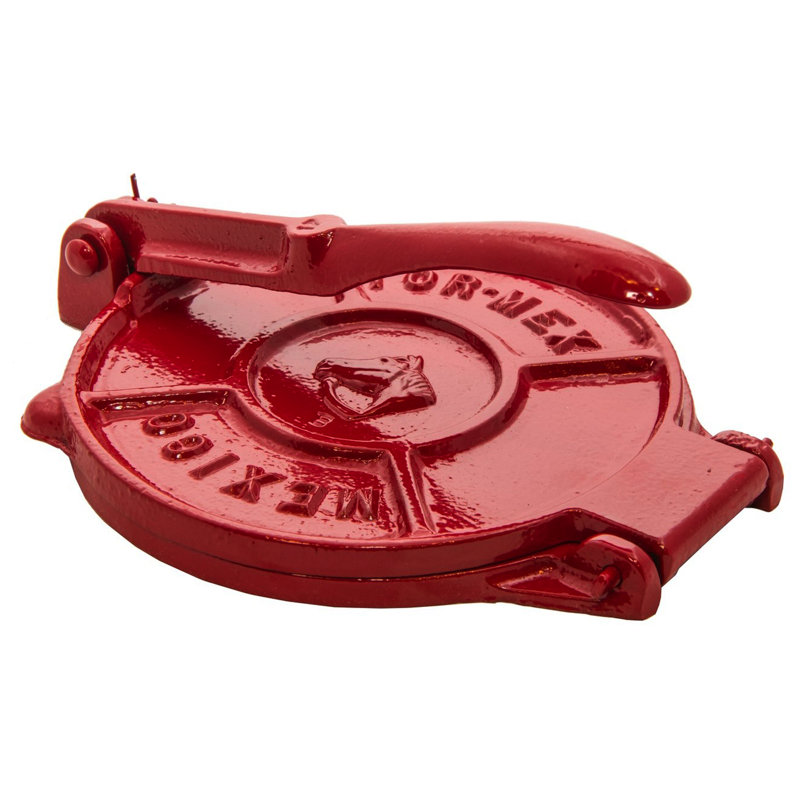 Red 6" Cast Iron Tortilla Press Kit with Napkin