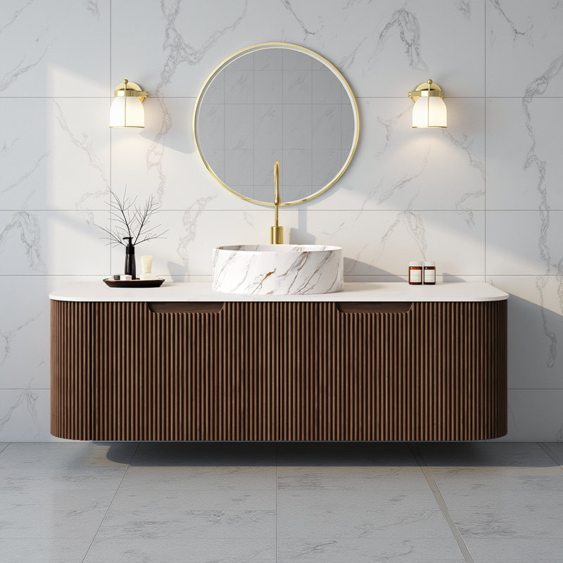 48" Floating Bathroom Vanity - White Ceramic Bowl Sink & Stone Countertop (Pre-Assembled, Dark Walnut, No Faucet)