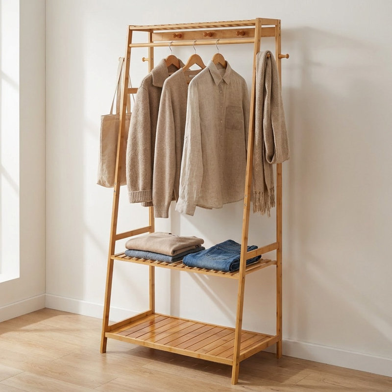Mattera Natural Bamboo Wooden Clothes Rack, Garment Rail Garment Rack Open Wardrobe, Storage Shelves Bedroom, Natural