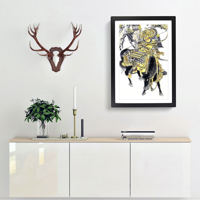 Mounted Warrior by Okumura Masanobu - Picture Frame Painting Print, 48cm H x 36cm W x 2cm D, Black Framed