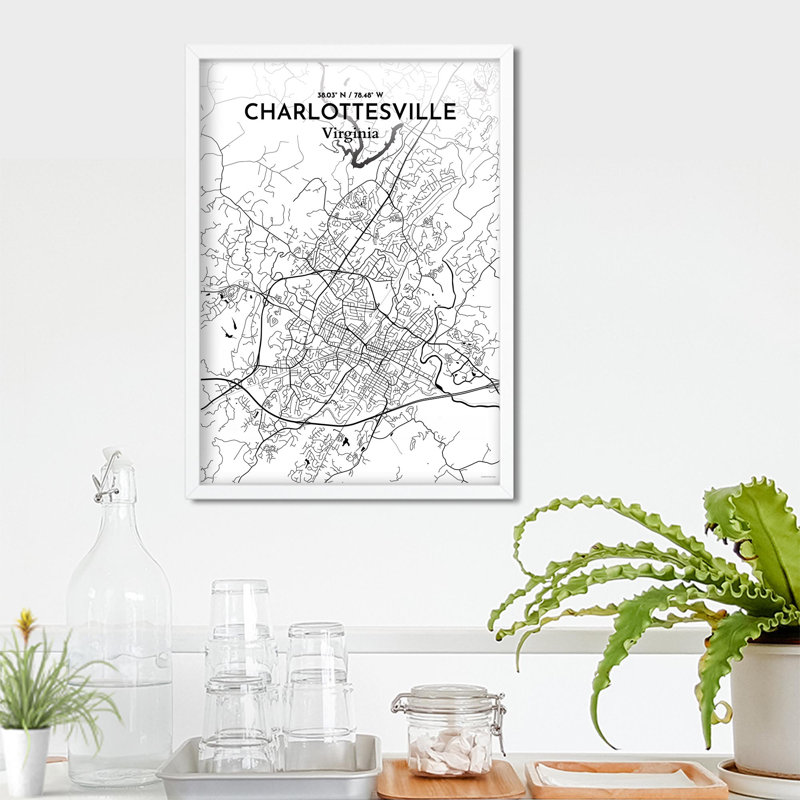 Charlottesville, carte de la ville, impression graphique, Noir / blanc, H 27,6 po x l 19,7 po x P 0,05 po