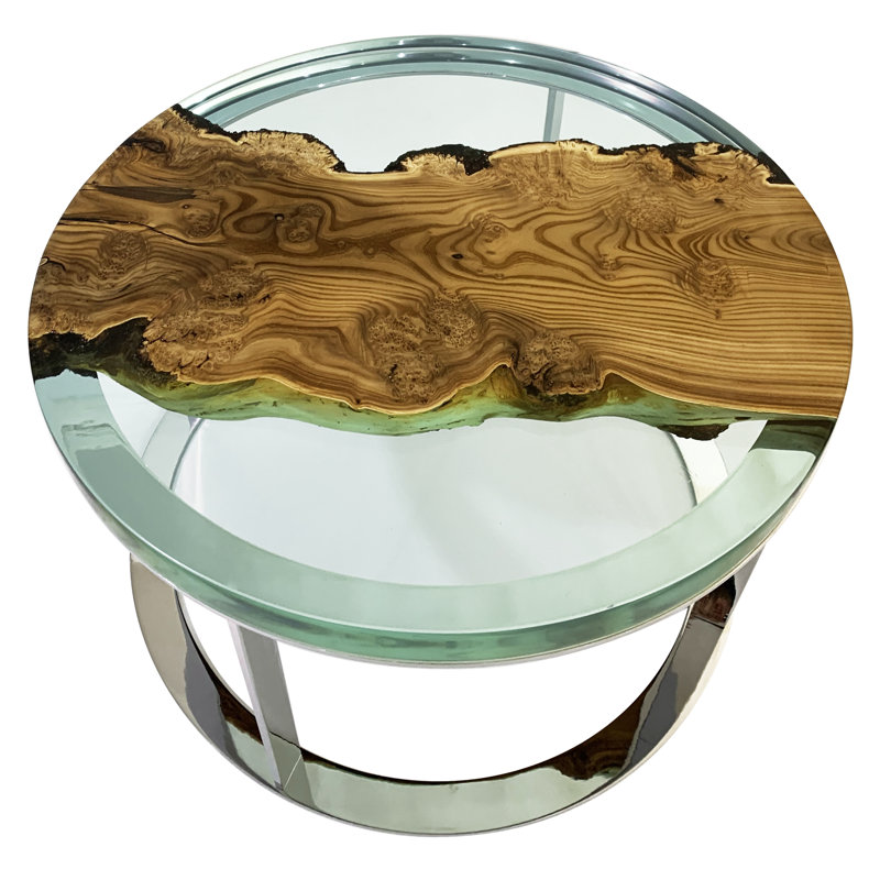 Dodona Acrylic Round Coffee Table, 17.7" H x 35.4" W x 35.4" D, Berry Wood, Chrome