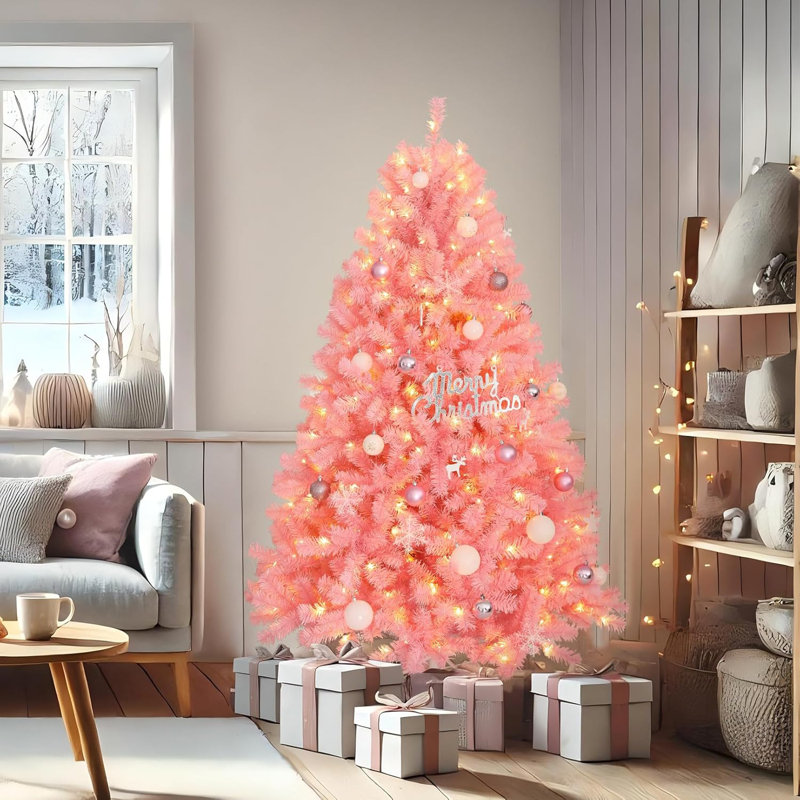 6FT Pre-Lit Pink Artificial Christmas Tree with Warm White Lights, Premium Hinged Spruce Xmas Tree with 800 Branch Tips and Foldable Metal Stand for Home, Office, Party
