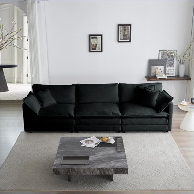 Canapés-lits de style moderne Mid-Century à 3 places avec coussins | Structure en bois massif | Noir | Chenille