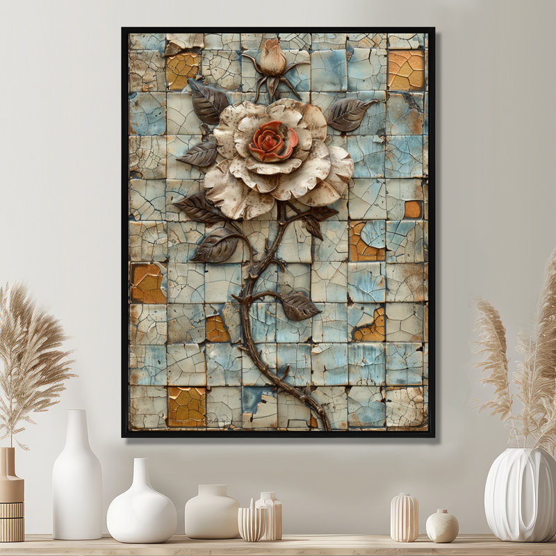 Mur de pierre rétro blanc blanc, H 32 po x l 24 po x P 1 po, Toile avec cadre flottant noir