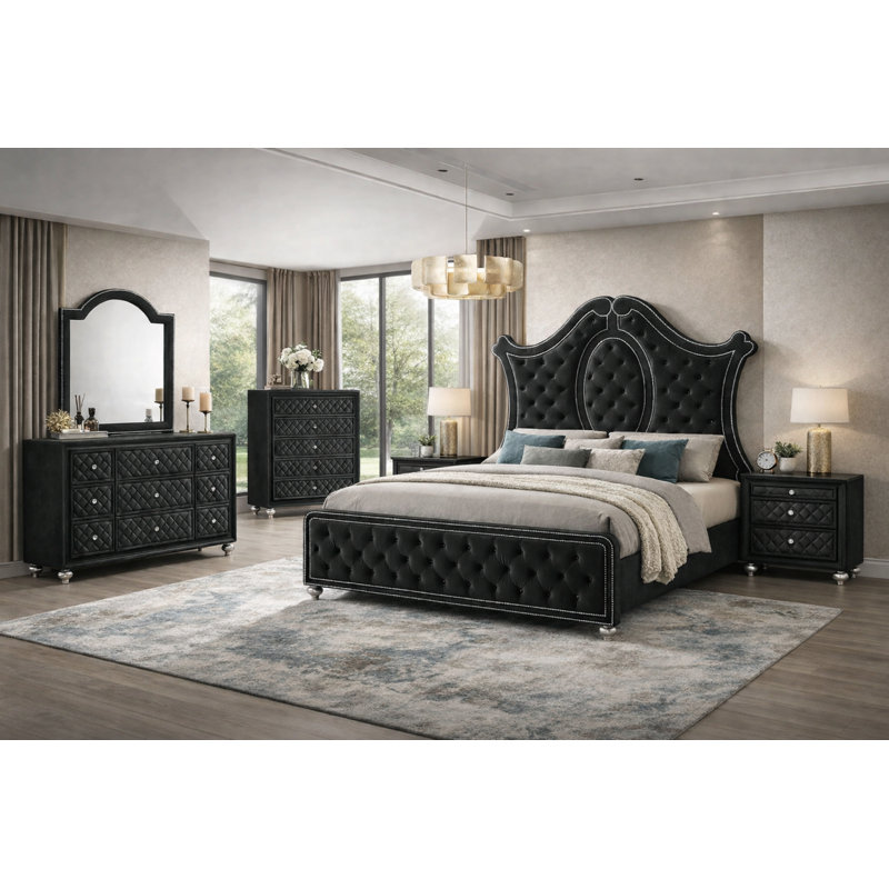 Ensemble de chambre à coucher tapissier moderne avec design capitonné noir, 6 pièces, Grand lit
