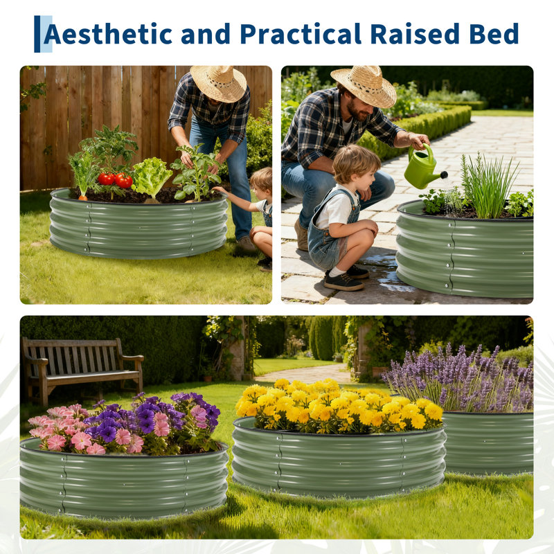  4*4*1ft Galvanized Raised Garden Bed Kit, Round Metal Planter Box w/ Open Base, Green, 1pc, Green