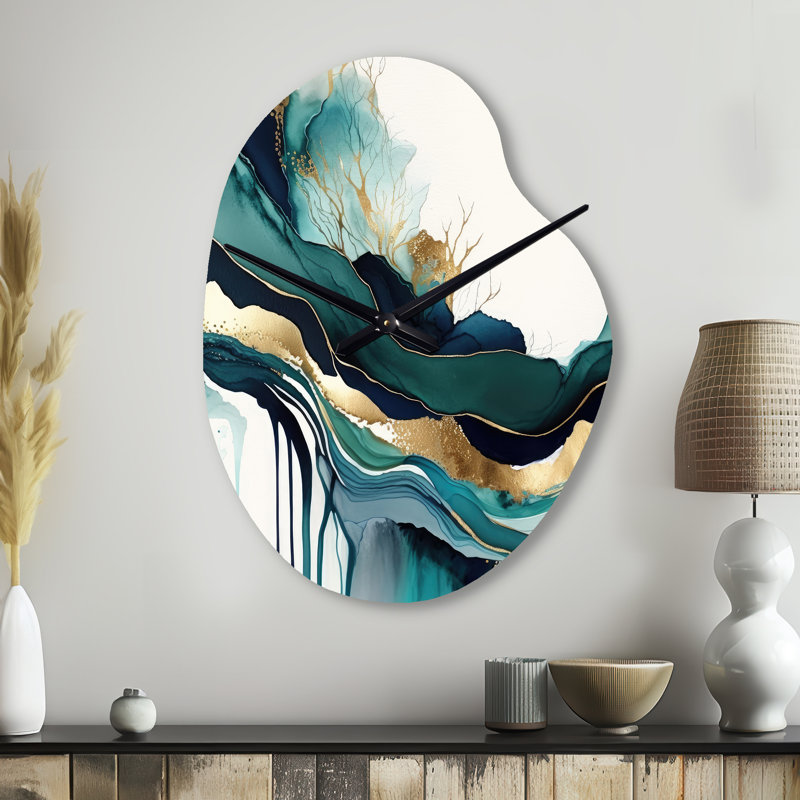 Horloge murale sarcelle et or abstraite Expression IV - encre liquide asymétrique en métal, horloge turquoise, Petit