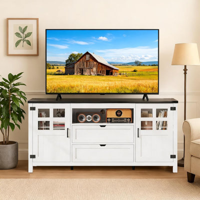 TV Stand for 65+ Inch TV, Mid Century Modern Entertainment Center with Storage Cabinets and Drawers, Farmhouse TV Console for Living Room & Bedroom, White Wood TV Stand for 55–75 Inch Flat Screen TVs