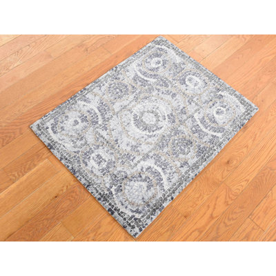 2'2" x 2'10" New Hand Knotted Grey Wool & Silk Rectangle Oriental Rug - MOA10287778