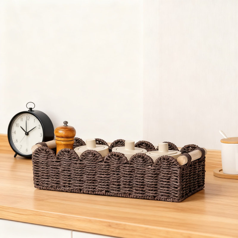 Woven Paper Rope Storage Basket With Scalloped Edge And Handles, Decorative Organizer For Bathroom, Living Room, Bedroom, And Shelves